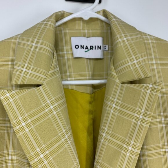 Onarin Blazer Yellow Print Plaid Cinched Button Down Lined Jacket - Picture 3 of 9